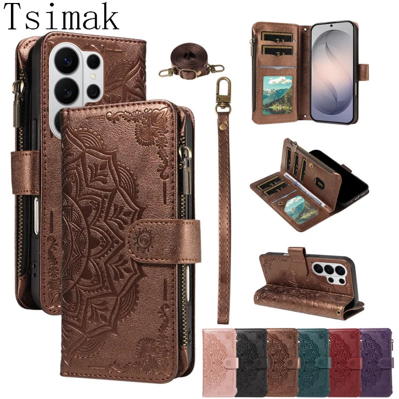 Leather Case For Samsung Galaxy S25 FE S26 Ultra S7 Edge S8 S9 Plus S10 Lite Note 10 8 Flip Wallet Zipper 9 Card Phone Cover