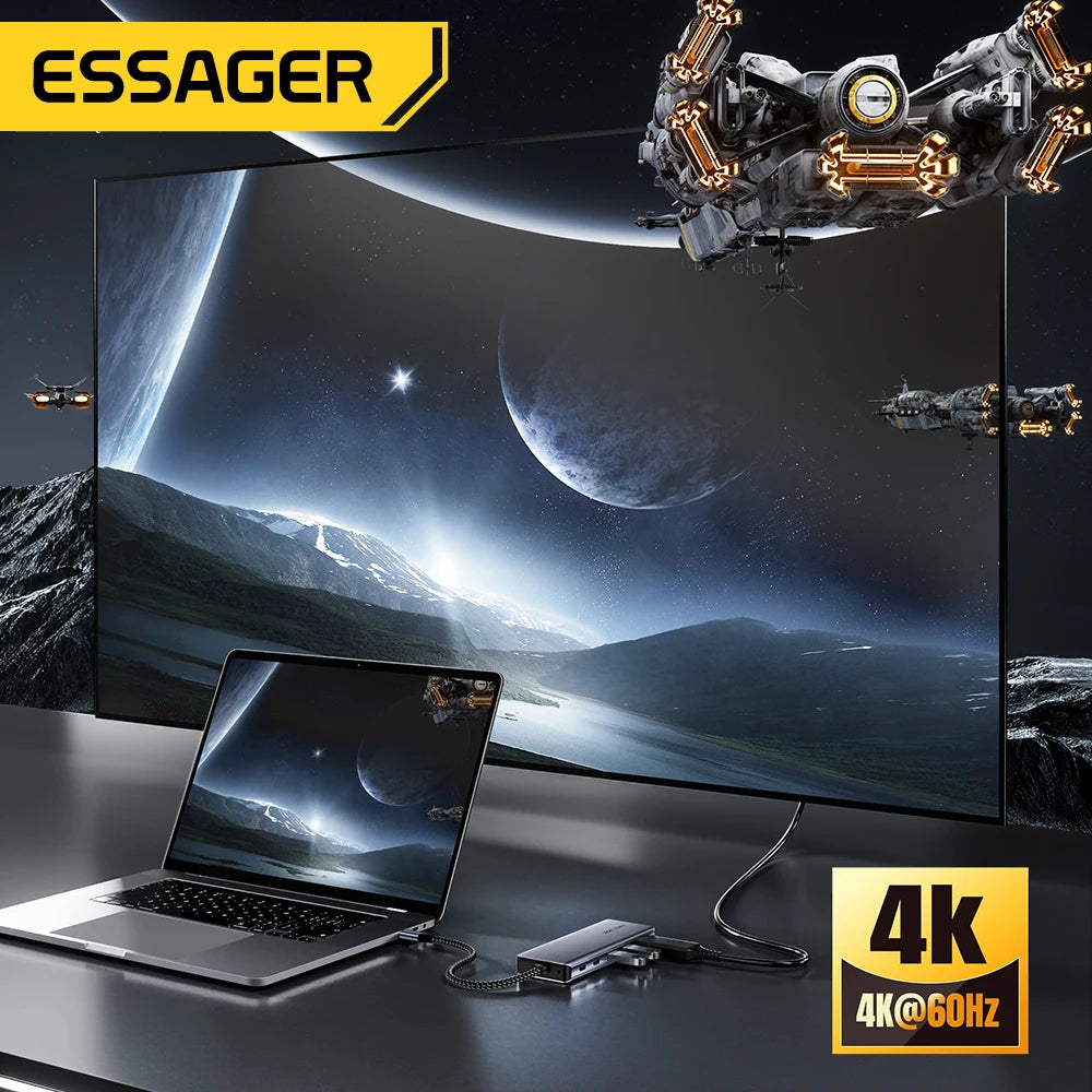 Essager USB C Hub With M.2 SSD Hard Disk Enclosure 6/7 in 1 PD100W USB3.2 10Gbps HDMI USB Type C Adapter for Macbook Pro Air PC