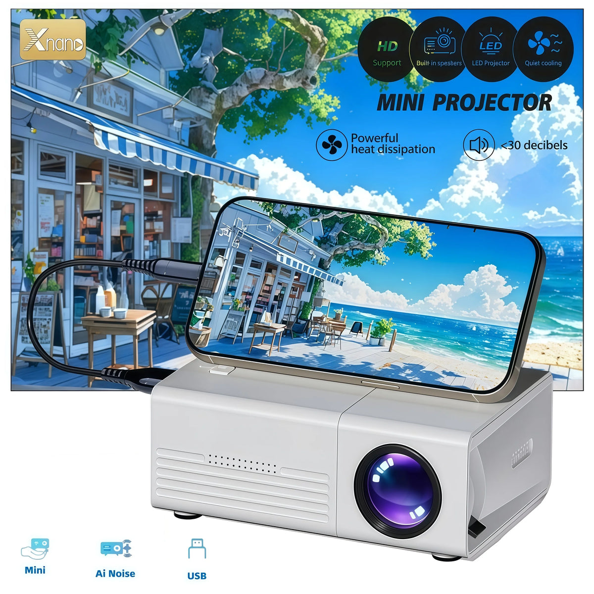 XNANO Q1 Mini Projector Portable,1080p,Supports USB-C Wired Connection,Lag-Free Gaming,AI Noise Reduction,Home Cinema Projector