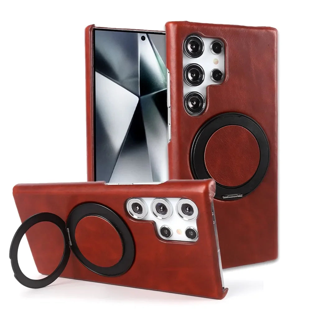 Luxury Genuine Leather Case For Samsung Galaxy S24 Ultra S23 S22 S21FE S20 Note20 S23FE Magnetic Ring Stand Bracket Phone Cases