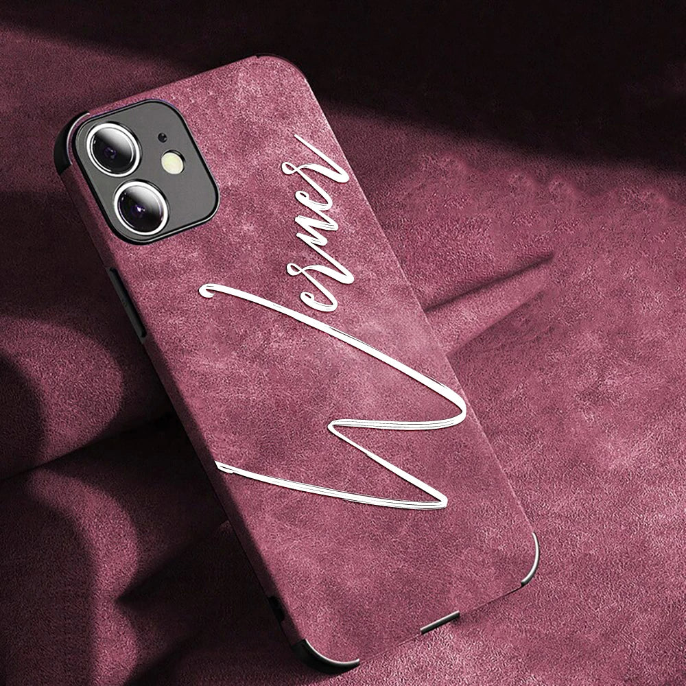 Large Brush Calligraphy Name Customized Phone Case For iPhone 16 15 14 13 12 11 Pro Max Lambskin Faux Leather Shockproof Cover