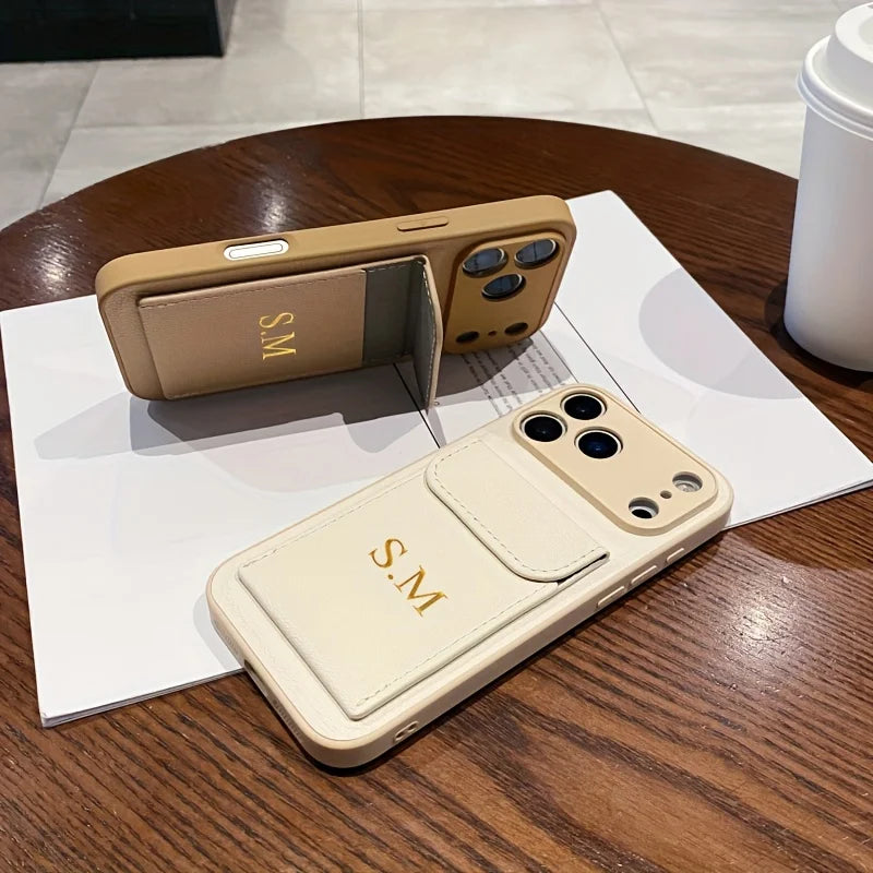 Custom Initials Name Letter Card Bag Leather Case For iPhone 17 16 15 14 13 12 11 Pro Max Air Card Slot Holder Shockproof Cover