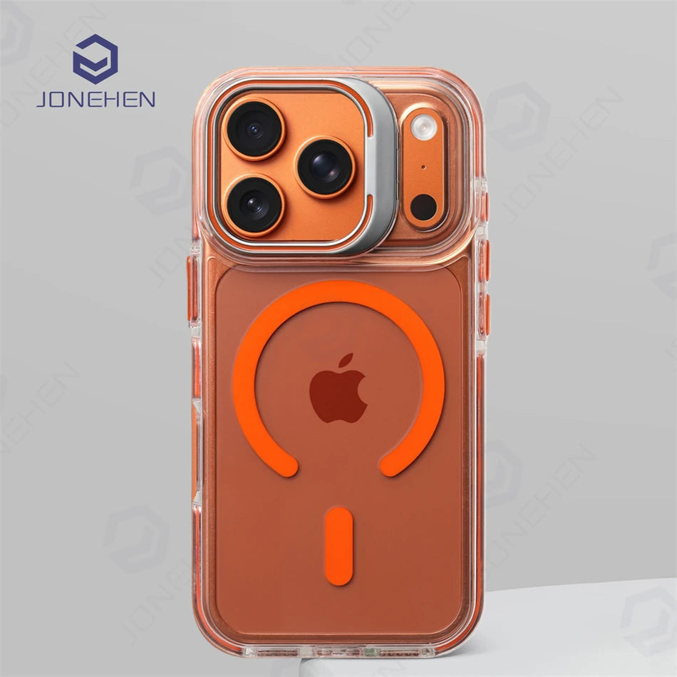 For Magsafe Hit Frame Magnetic Clear Case For iPhone Air 17 Pro Max 17p 16 15 14 Pro Alloy Bracket Stand Anti-Drop Bumper Cover