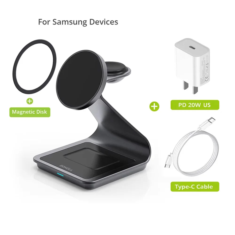 Bonola Magnetic 3 in 1 Wireless Charger Station for Samsung S24 Ultra/S25/26 Fast Charging Stand for Galaxy Watch 8/7/6/Earbuds