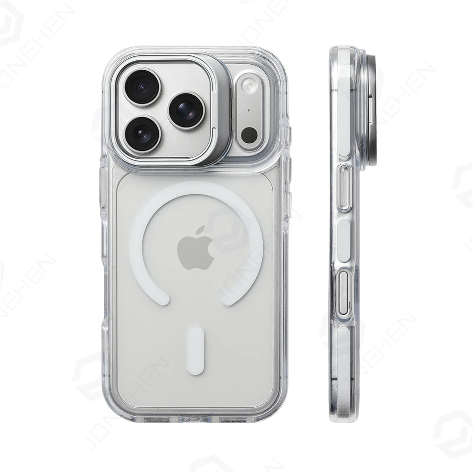 For Magsafe Hit Frame Magnetic Clear Case For iPhone Air 17 Pro Max 17p 16 15 14 Pro Alloy Bracket Stand Anti-Drop Bumper Cover