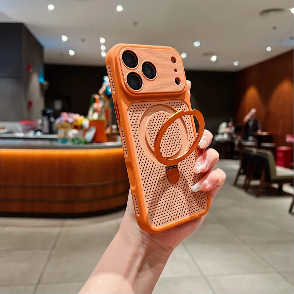 Luxury Heat Dissipation Cooling Mesh Hole Case for iPhone 17 16 15 14 Plus 13 12 Pro Max For Magsafe Stand Holder Armor Cover