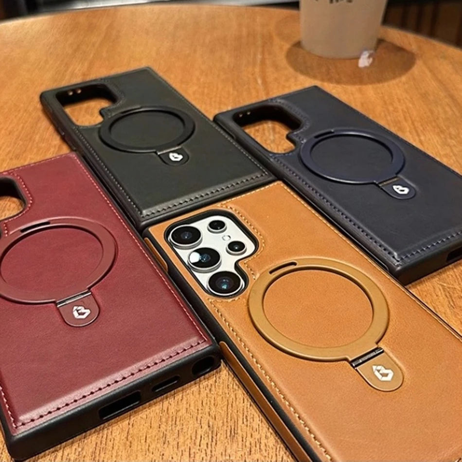 Business Retro Leather Holder Magnetic Case For Samsung Galaxy S25 S24 Ultra S23 S22 Plus Wireless Shockproof Cover For Magsafe
