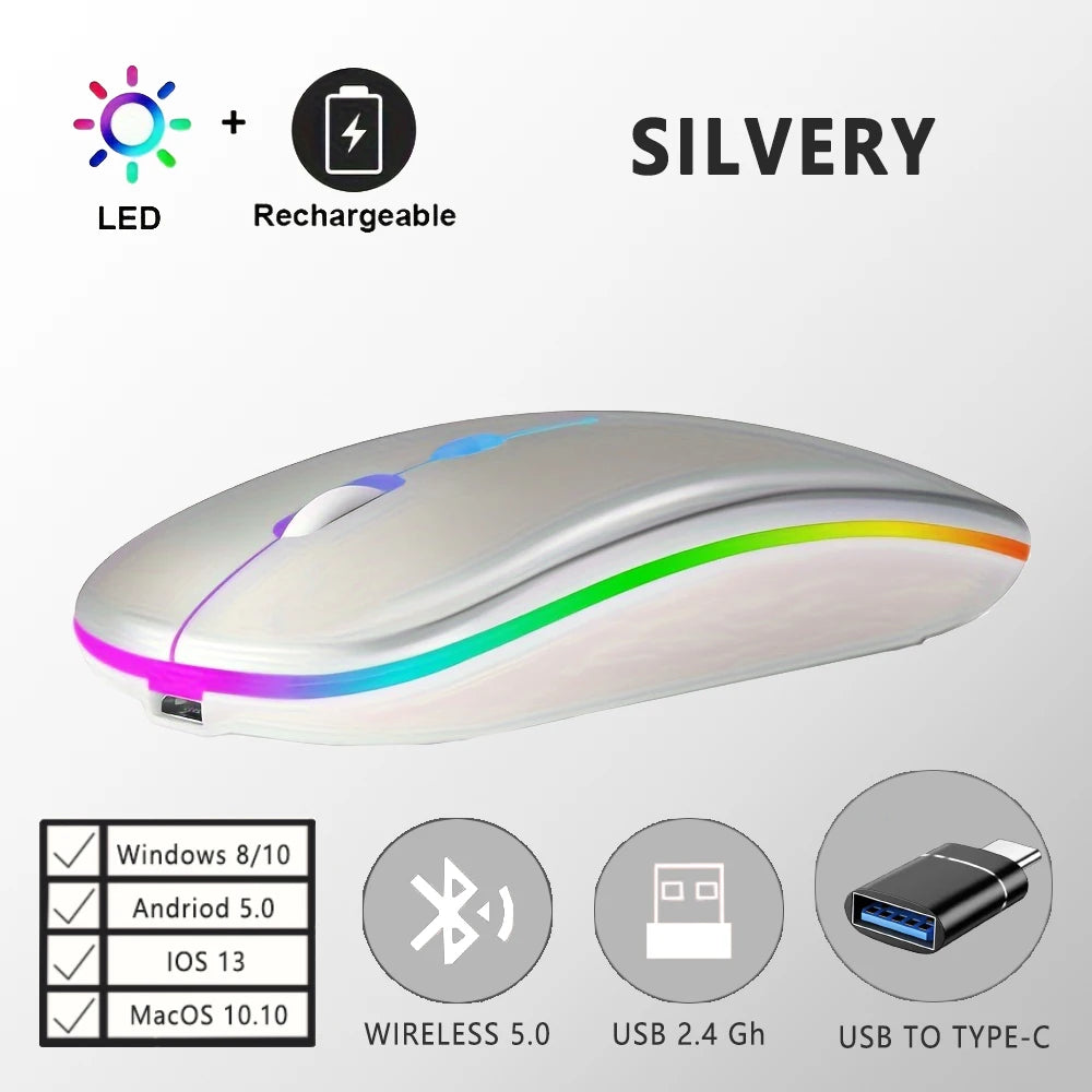 Wireless Rechargeable Mouse With LED Backlight Bluetooth With Type-C Adapter Gaming Mouse Suitable For MAC/Laptop/PC/Windows