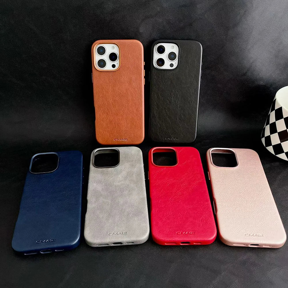 Magnetic Leather Texture for MagSafe Phone Case for IPhone 17 16pro Max 15 14 Pro 13 Wireless Charging Alloy Lens Bumper Cover