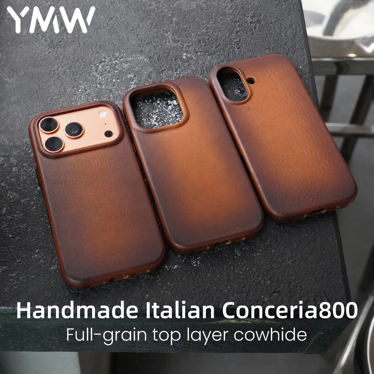 YMW Handmade Italian Genuine Leather Case for iPhone 17 16 15 Pro Max Magnetic Luxury Business Retro Cowhide Phone Cover