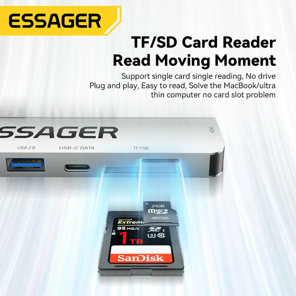 Essager 7 In 1 USB C Hub PD60W Fast Charging Splitter HDMI-Compatible High Speed Splitter 5Gbps for PC USB 3.2 Gen1 2.0 Ports