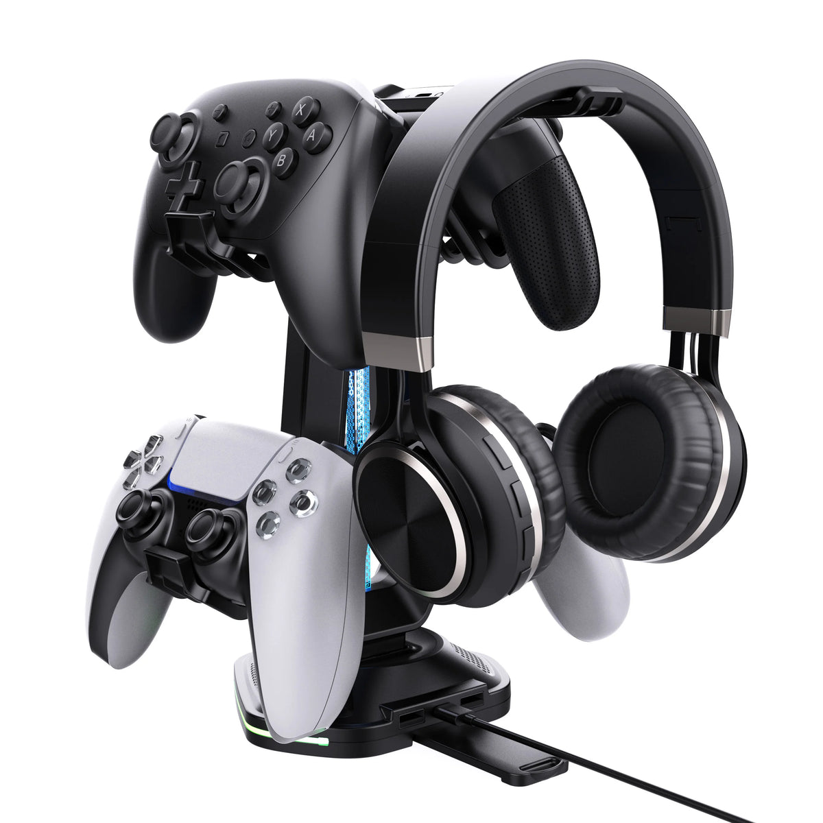 Gaming Headphones & Controller Storage Stand with Light Modes,2 USB Charging Ports ,Controller Holder for Desk