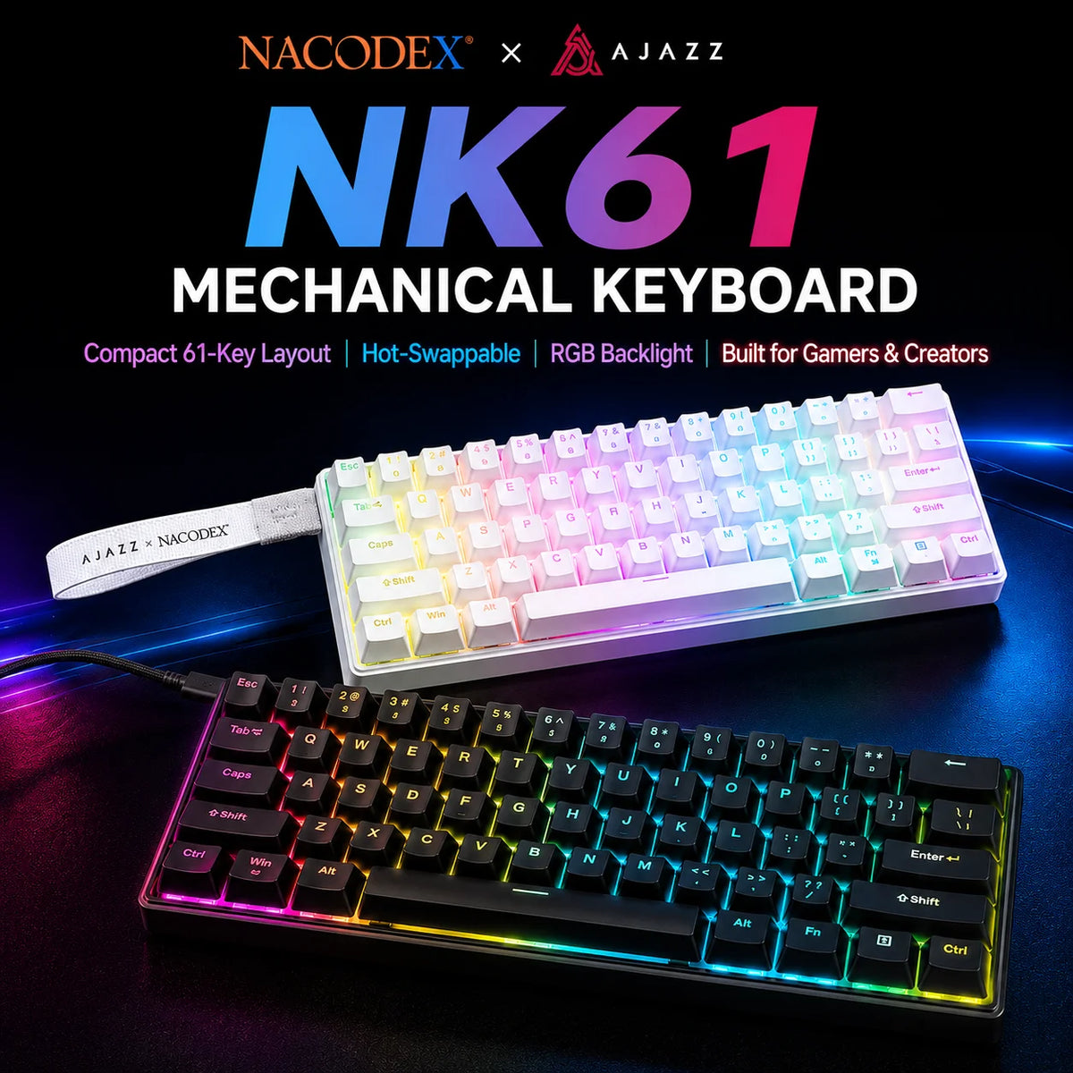 AJAZZ NK61 Wired Mechanical Keyboard 61 Keys 60% Compact Hot Swappable Red Switch RGB Backlit Portable for Gaming Laptop Gamer