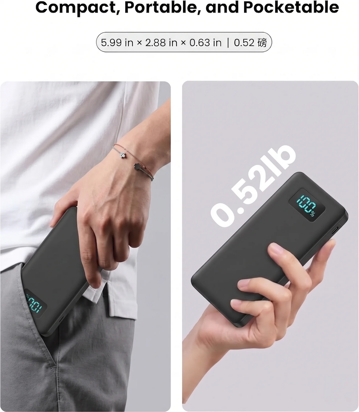 20W PD Fast Charge Powerbank 10000mAh Thin Portable Charger Type C USB C External Battery Backup Power Supply with LED Display for Travel Camping Fits iPhone 17 16 15 14 Plus Pro Max Samsung Galaxy S26 S25 Ultra S24 Google Pi