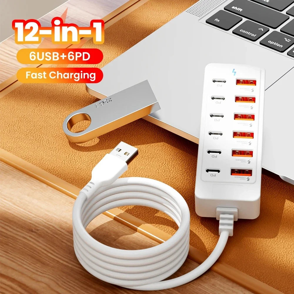 12 in 1 USB HUB Adapter Socket USB Type C Charger Fast Charging Power Strip Desktop Charging Station For iPhone Samsung Xiaomi