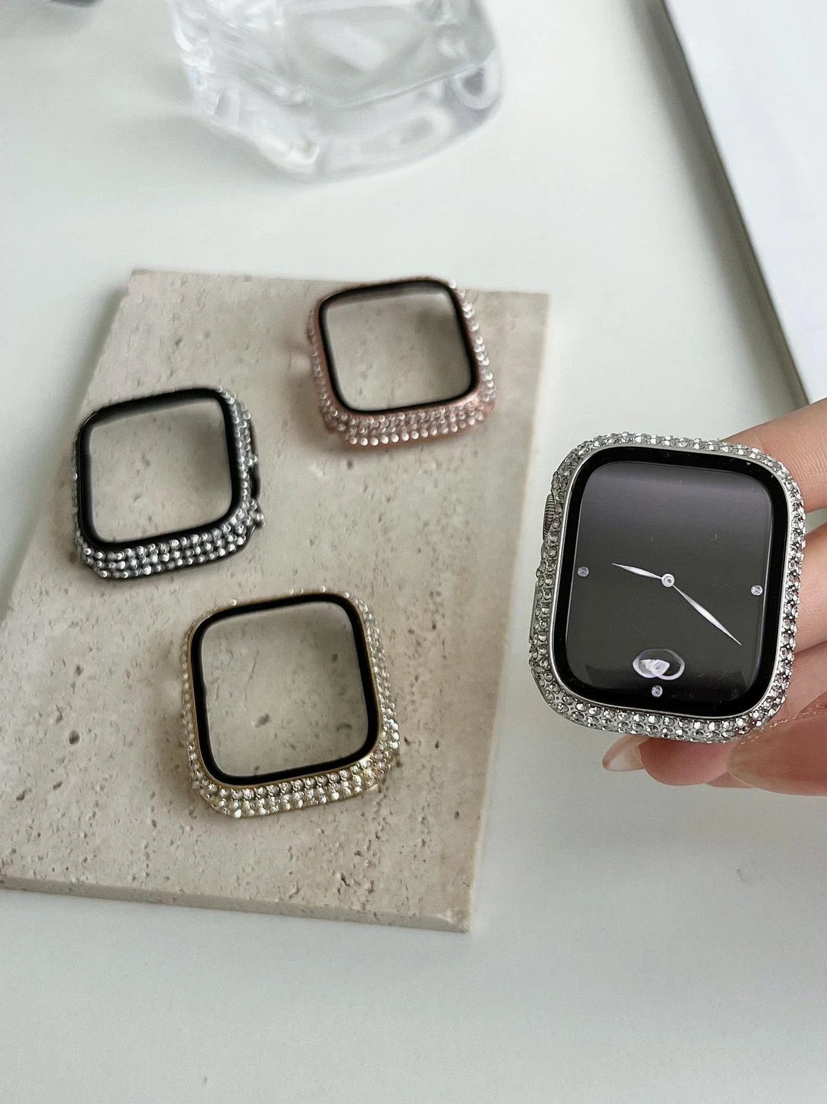 Rhinestone Decor Tempered Glass Screen Protector Watch Case For Apple Watch 38/40/41/42/44/45/46mm,Series SE/10/9/8/7/6/5/4/3/2