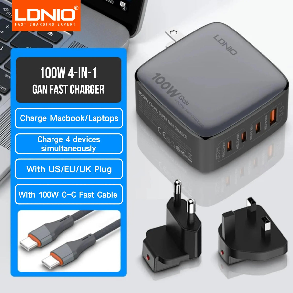 LDNIO 100W GaN USB C Charger Block Multi port Type C Travel Adapter Laptop Wall Charger For MacBook iPad iPhone US EU UK Plug