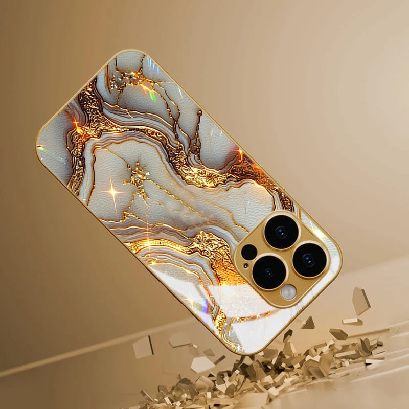 Gilded White Patterned Marble Tempered Glass Phone Case For iPhone 17 Pro Max 14 15 16 Plus 13 12 11 Pro Max 16E 17 Air Cover