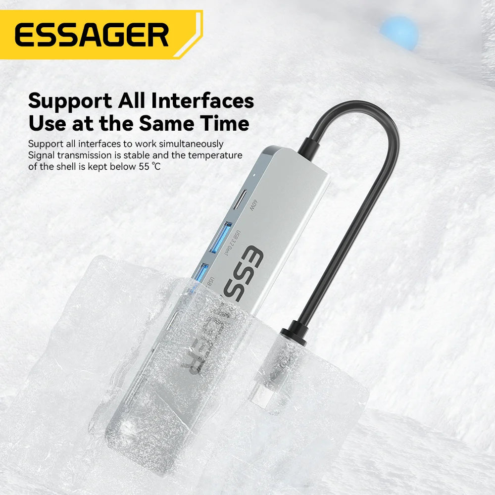 Essager 7 In 1 USB C Hub PD60W Fast Charging Splitter HDMI-Compatible High Speed Splitter 5Gbps for PC USB 3.2 Gen1 2.0 Ports