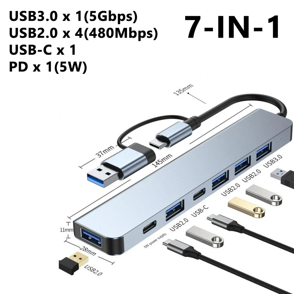 KEBIDUMEI 10Gbps 7 In 1 Docking Station USB 3.2 GEN 2 HUB Data Transfer Adapter USB Splitter Computer Accessories For PC Laptop