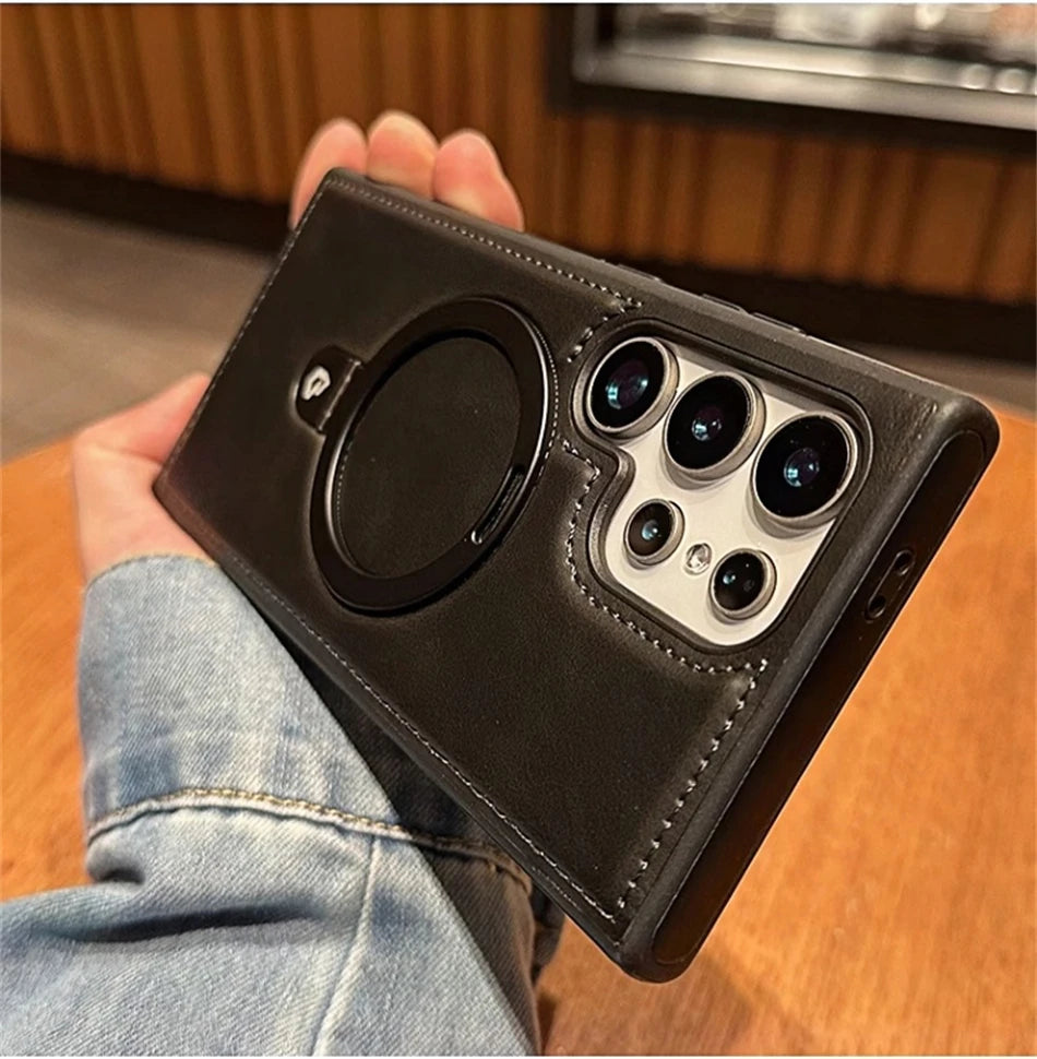 Business Retro Leather Holder Magnetic Case For Samsung Galaxy S25 S24 Ultra S23 S22 Plus Wireless Shockproof Cover For Magsafe
