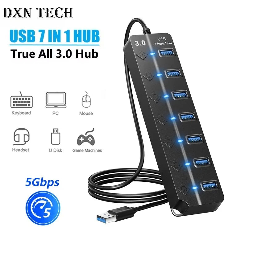USB Hub 3.0 Multiprise USB High Speed Splitter 7 Port 5Gbps Hub Power Adapter with Switch Long Cable with Multiple Expander Hub