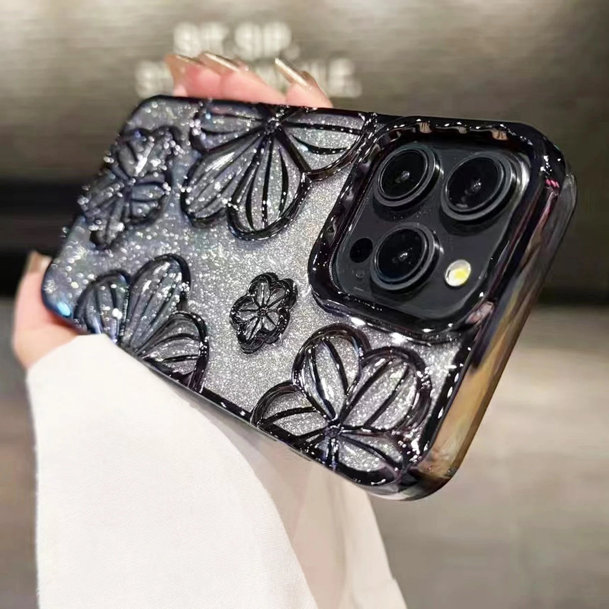 Glitter Plating Retro Leaking 3D Oil Painting Flower Anti-fall Phone Case for iPhone 11 12 13 14 15 16 17 Pro Max Back Cover