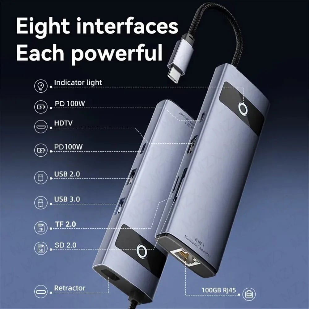 MZX 8 in 1 USB C Docking Station Aluminum Alloy 3.0 2.0 4K HDMI-Compatible PD100W Multiport Type 3 0 Adapter RJ45 100M Dock Hubs