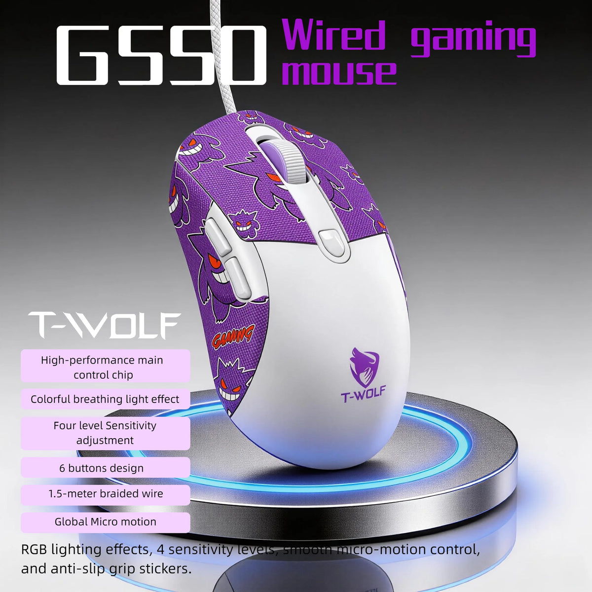 RGB Gaming Mouse Wired 6D Programmable Buttons Ergonomic Gamer Mouse 4 Levels DPI Adjustable Computer Mouse USB Wired Mouse Breathing Light Gaming Mice 1.5m Cable for PC Laptop E-sports Mouse Purple