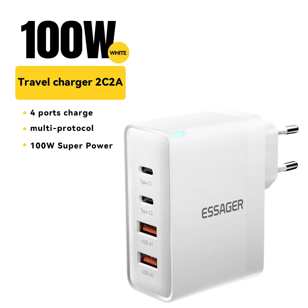 Essager 100W USB Type C Charger 65W PD Quick Charge4.0 3.0 Type-C Fast Charging For iPhone 16 15 14 13 Pro Xiaomi Macbook Laptop