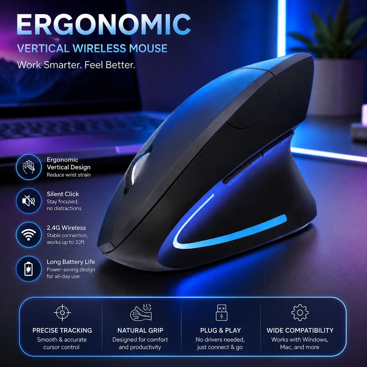 Vertical Wireless Ergonomic Mouse,Dual-Mode Bluetooth/2.4G Rechargeable Silent Optical RGB Gaming Mice For PC Laptop Desktop