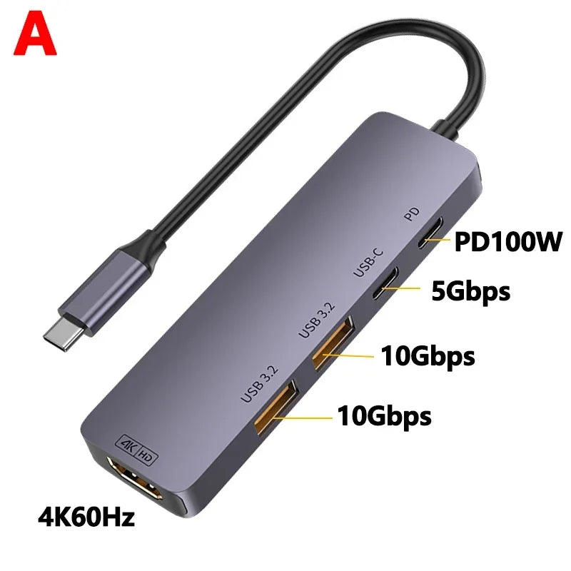 10Gbps USB C HUB 4K 60Hz Type C to HDMI-compatible PD 100W USB Splitter Adapter For iPhone 15 Macbook Air Pro Samsung S23 24 Dex