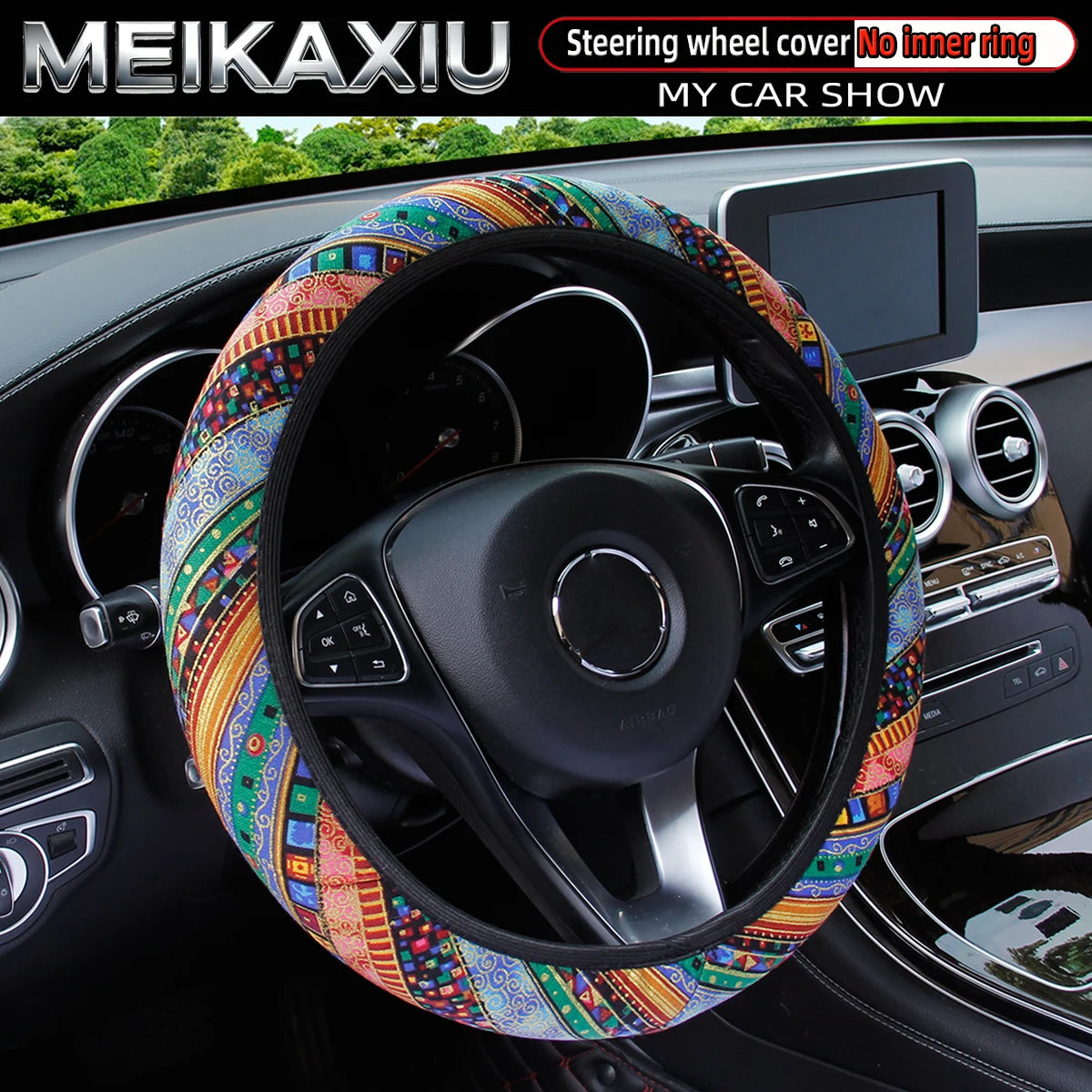 38CM Ethnic Bohemian Style Fabric Car Steering Wheel Cover All-Season Use No Inner Ring Automotive Decoration Accessory