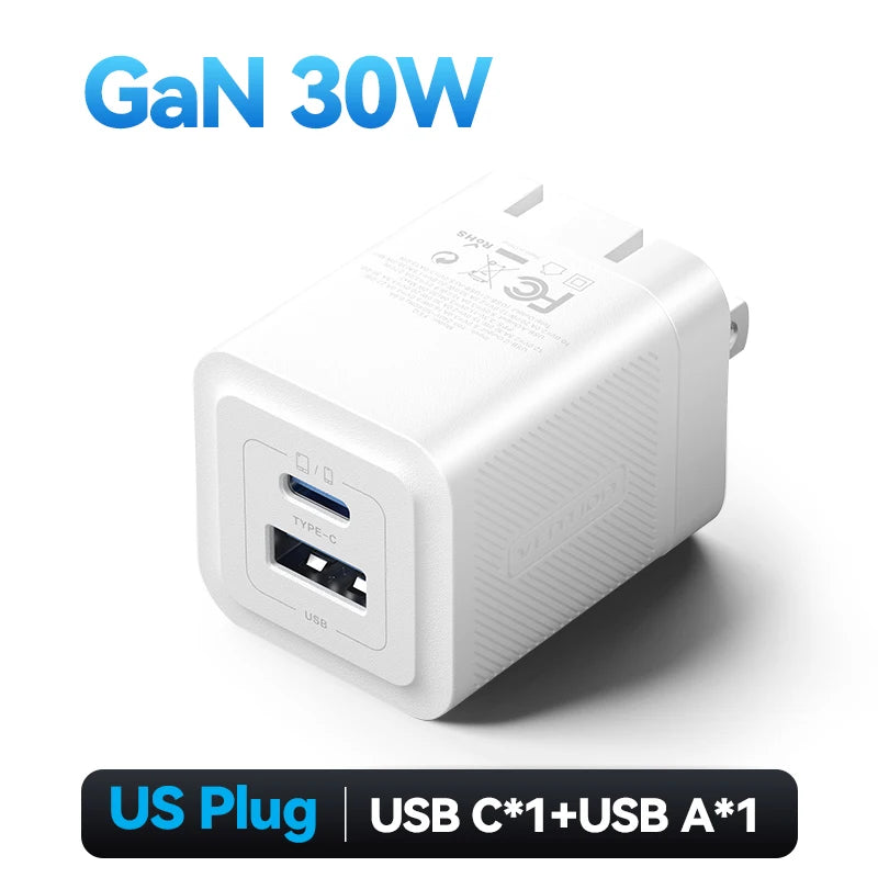 Vention GaN 30W Fast Charger for iPhone 17 16 15 14 13 PD3.0 Charger for iPad Pro Xiaomi Samsung USB Type C Mobile Phone Charger