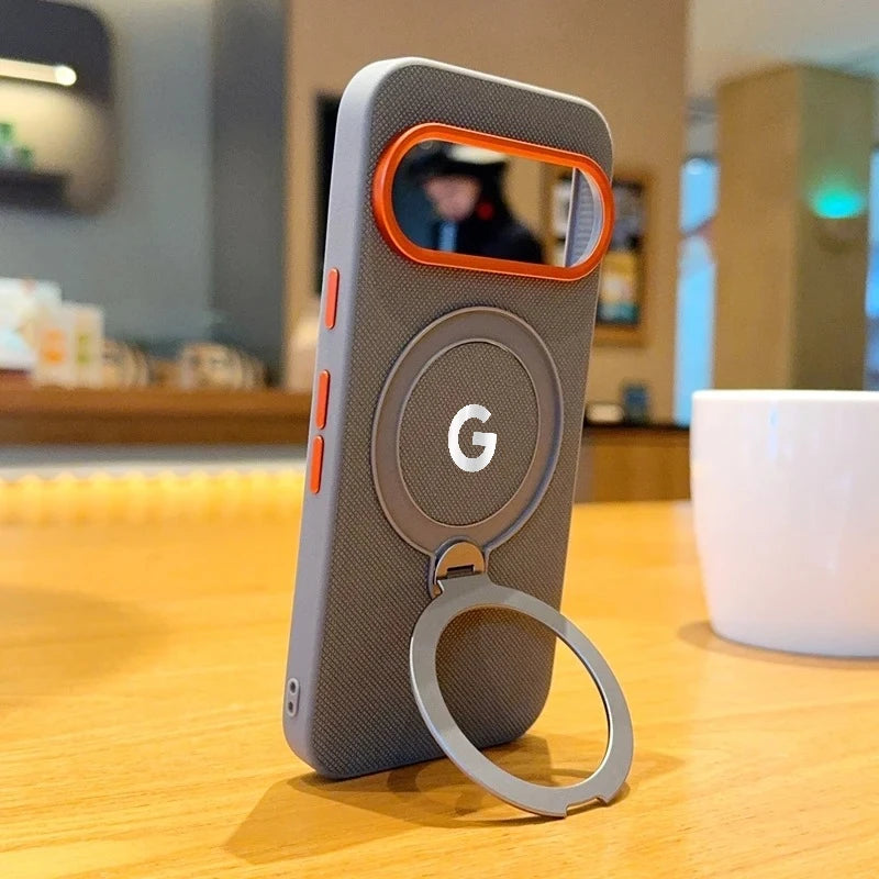 Busines Texture Woven Leather Magnetic Rotable Bracket Case For Google Pixel 10 Pro 10 Pro XL Alloy Button Lens Frame Back Cover