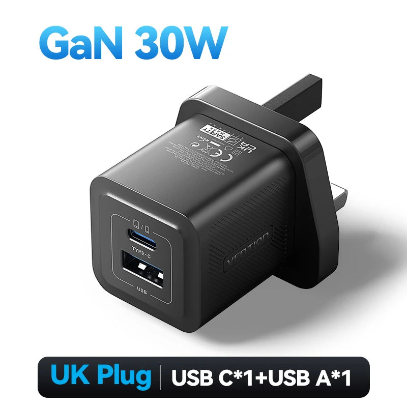 Vention GaN 30W Fast Charger for iPhone 17 16 15 14 13 PD3.0 Charger for iPad Pro Xiaomi Samsung USB Type C Mobile Phone Charger