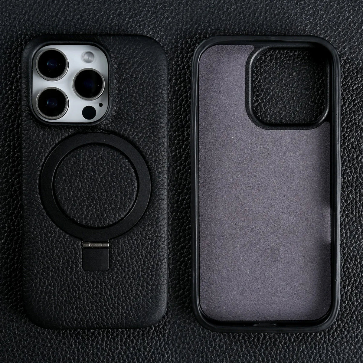 Magnet Ring Stand Phone Case For iPhone 16 Pro Max 16e 15 13 14 12 11pro Cover Genuine Leather Case Magnetic Back Cover Cases