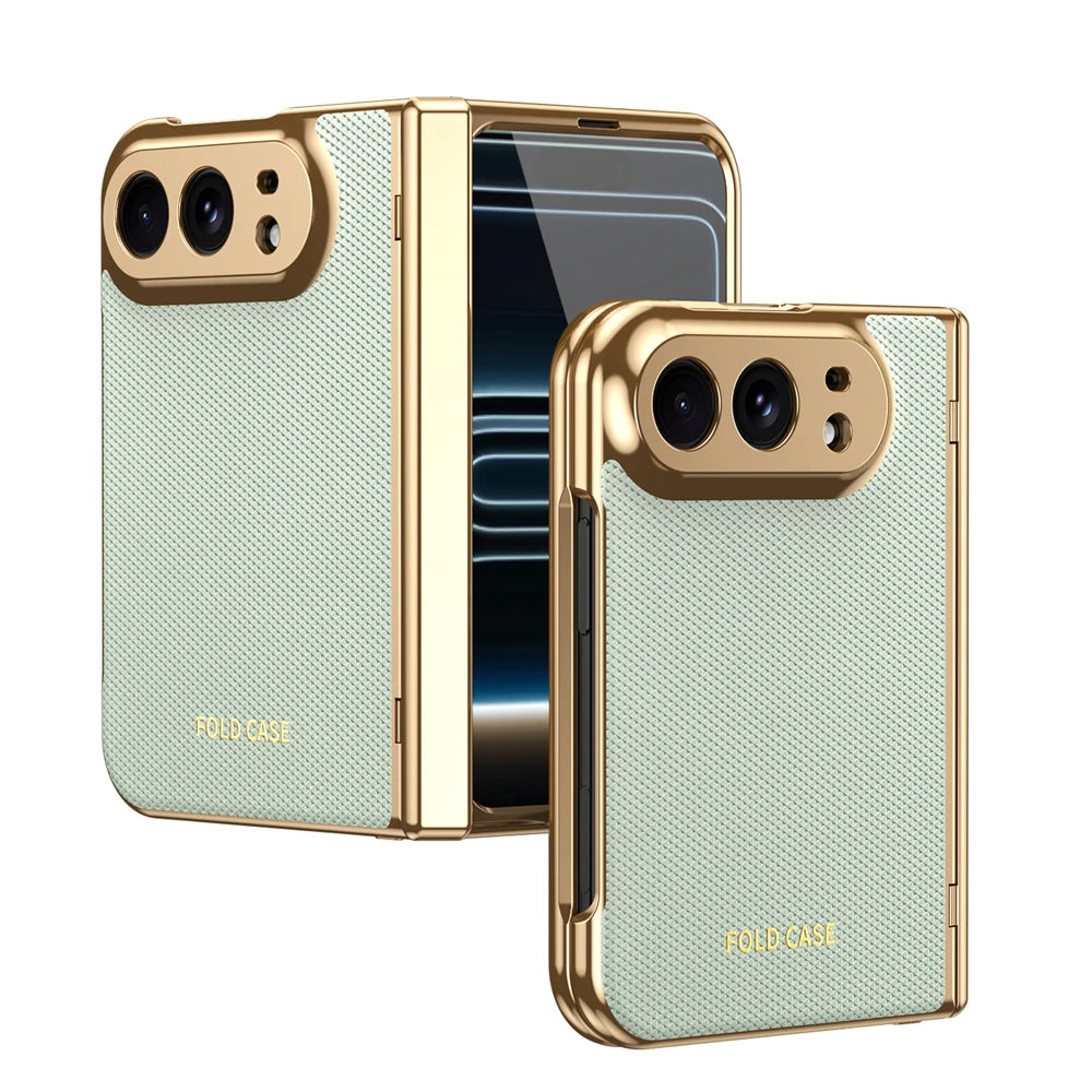 KEYSION Luxuxy PU Leather Fold Phone Case for iPhone Duo Plating Hard PC Shockproof Back Cover With Hinge+HD Screen Protector