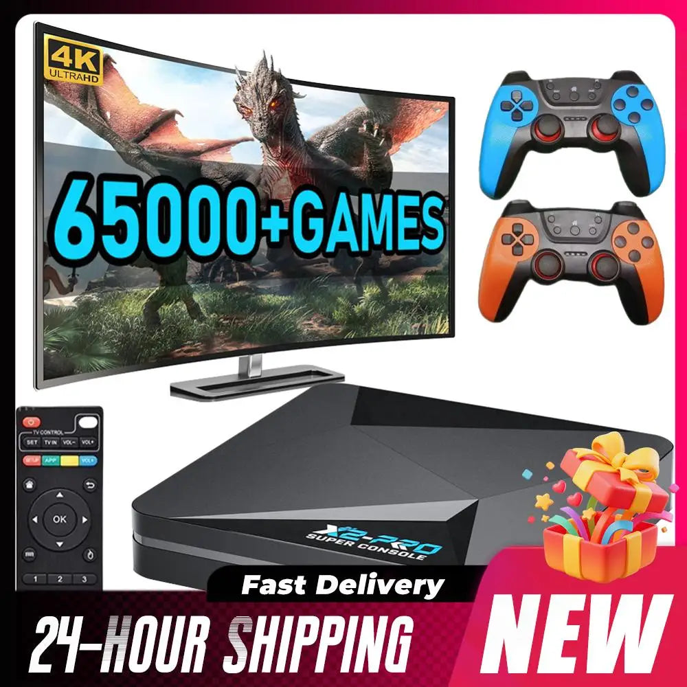 (EU)New X2 PRO Retro Game Console 64/128/256GB 4K TV Box Built-in 65000+ Games with 2 Gamepads Wireless Controllers Arcade