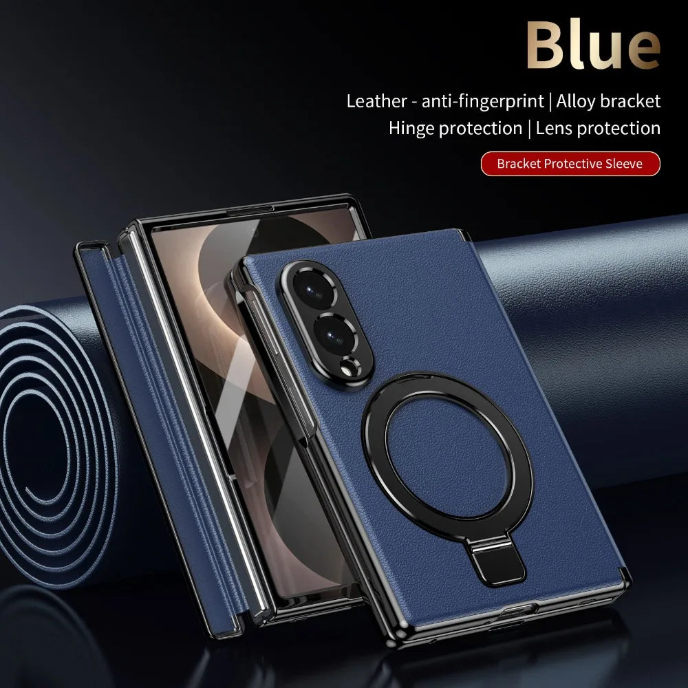 Magnetic Bracket Phone Case for Samsung Galaxy Z Fold 8 Ultra 7 6 5 Luxury Leather Hinge Full Screen Glass Drop Protection Cover