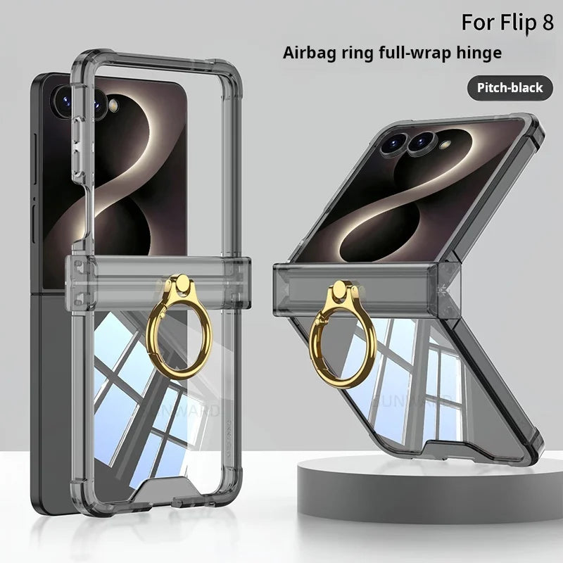 Luxury Airbag Hinge Protection Ring Holder Phone Case For Samsung Galaxy Z Flip 8 7 6 5 Z Flip7 FE Flip 8 Clear Shockproof Cover