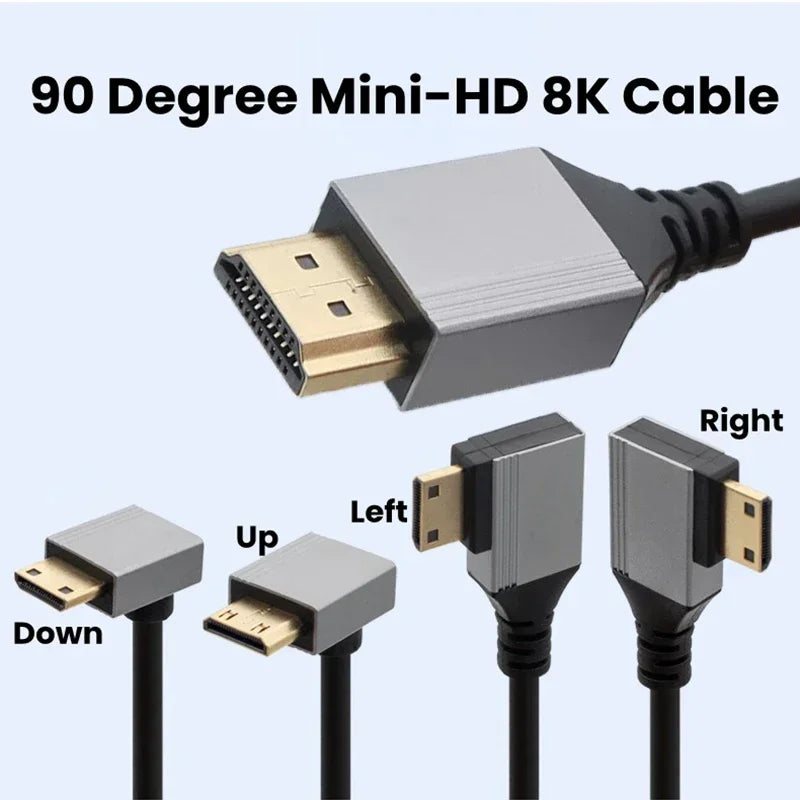 Mini/Micro HDMI-Compatible 8K UHD Cable 90 Degree Up/Down/Left/Right Angle HD Port Thin Cord for Laptop Camera Tablet Camcorder