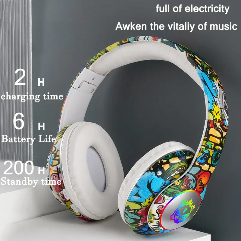 Graffiti Bluetooth Headphones Wireless LED Light Game Doodle Wireless Headsets With Mic For Kids Boy Girl Gift Support TF Card