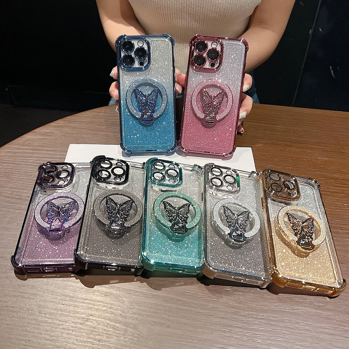Luxury Butterfly Glitter Holder With Lens Film Phone Case For iPhone 11 12 13 14 15 16 17 Pro Max Plus Four Corner Anti Fall