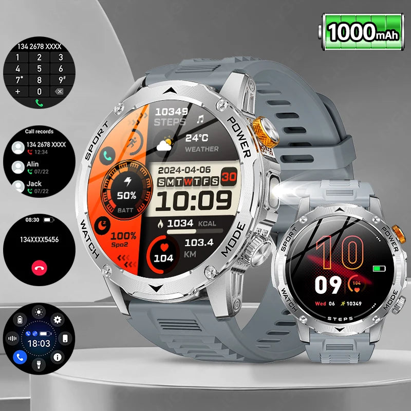 LIGE New Military Outdoor Sport Smart Watch Men Flashlight IP68 Waterproof 1.7" HD Wireless Call Smartwatch 1000mAh Big Battery