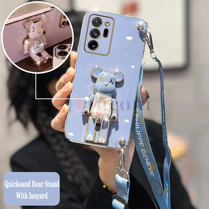 Cartoon Bear Lanyard Plating Phone Stereoscopic Holder Case For Samsung Galaxy Note 20 Ultra Note 10 Lite 8 9 M30S M42 M54 Cover