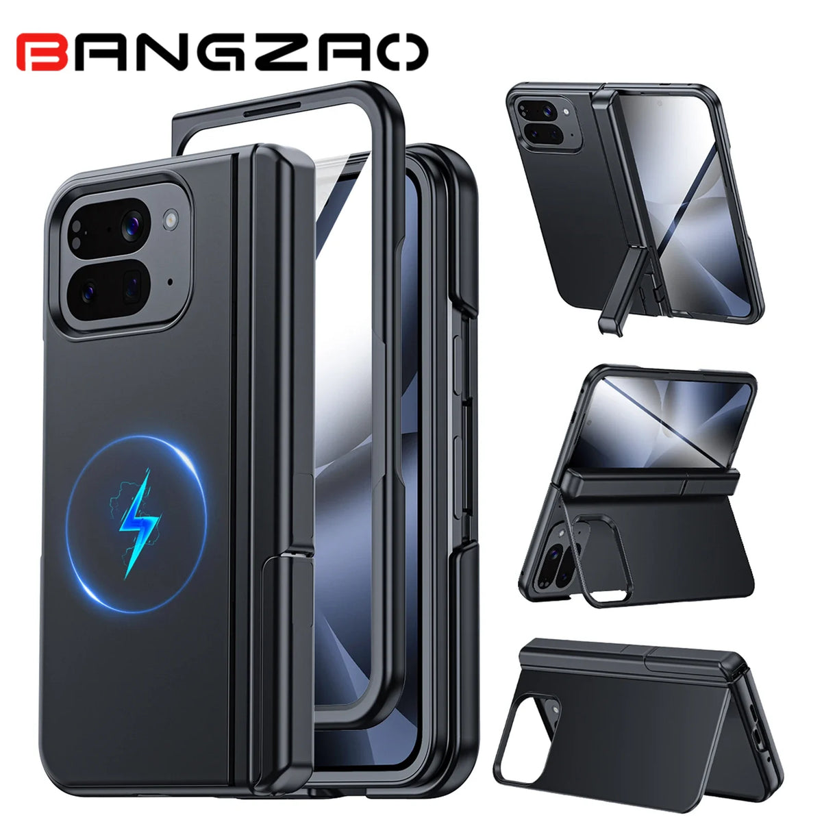 Magnetic Case for Google Pixel 10 Pro Fold with Hidden Kickstand,Built-in 9H Glass Screen Protector & Hinge Protection-Black