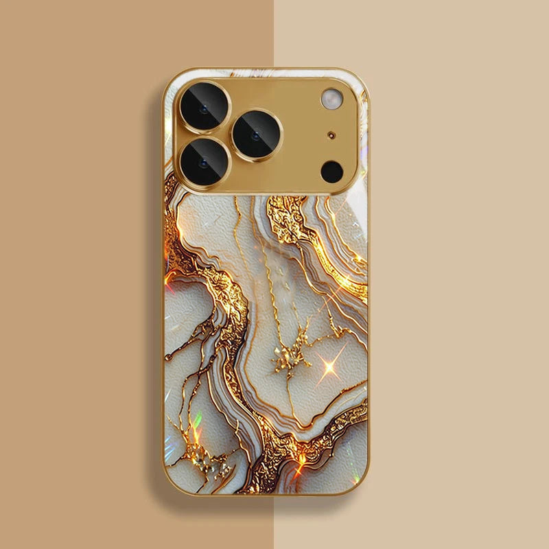 Gilded White Patterned Marble Tempered Glass Phone Case For iPhone 17 Pro Max 14 15 16 Plus 13 12 11 Pro Max 16E 17 Air Cover