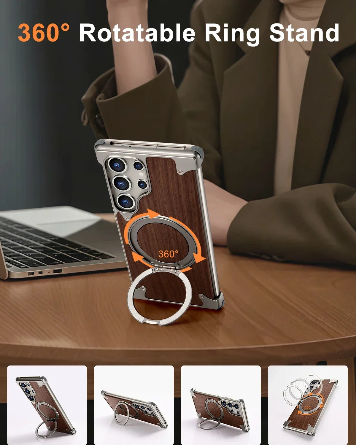 Eary Solid Wood Phone Case for Samsung Galaxy S25 S24 Ultra for Magsafe 360° Rotation Kickstand Frameless Protective Shells
