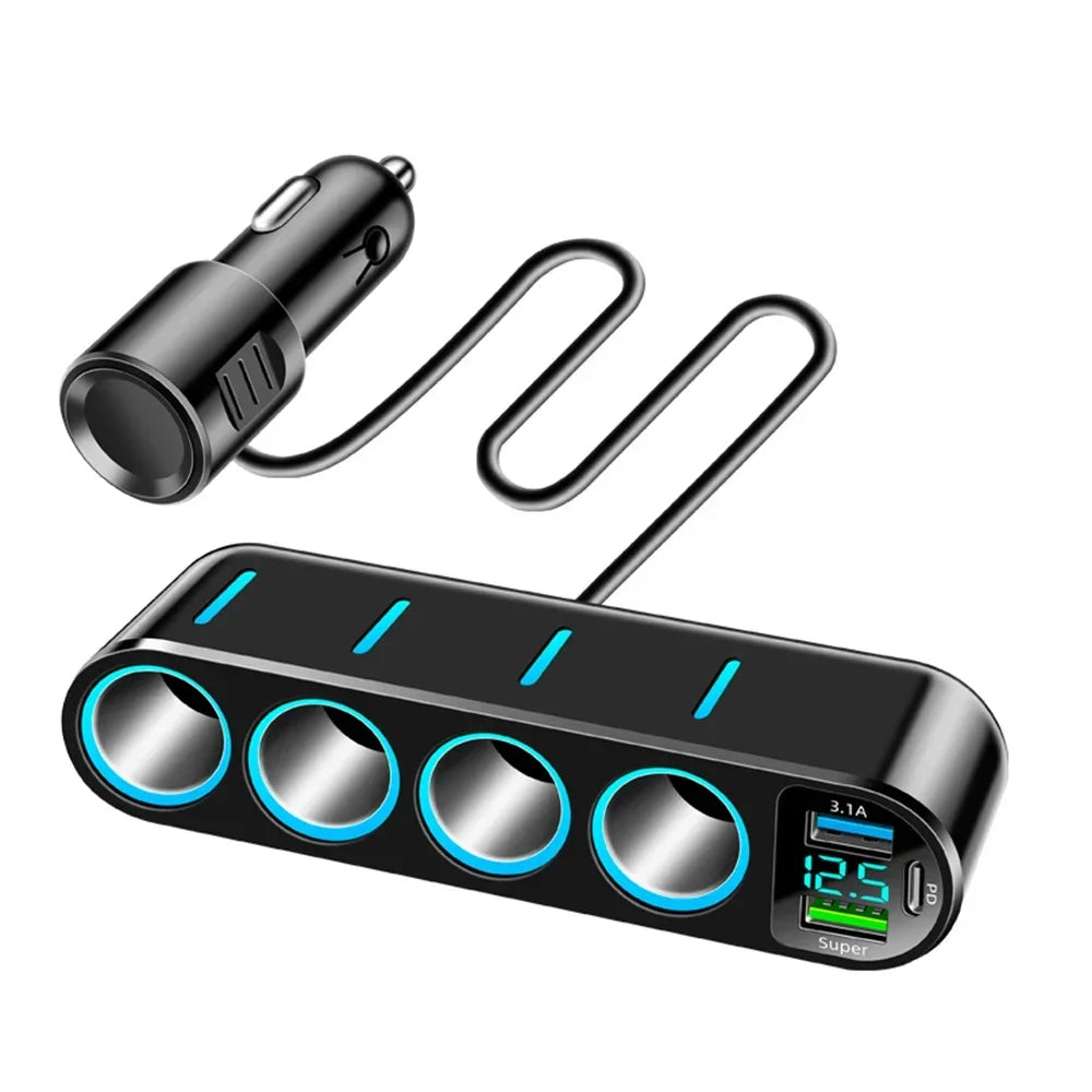 7 in 1 USB Type C Car Cigarette Lighter Splitter 4-Socket Fast Charger Power Adapter for Car DVR GPS Dashcam 12V 24V